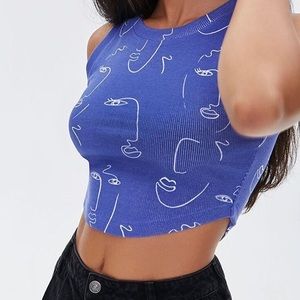Blue cropped abstract face tank top L